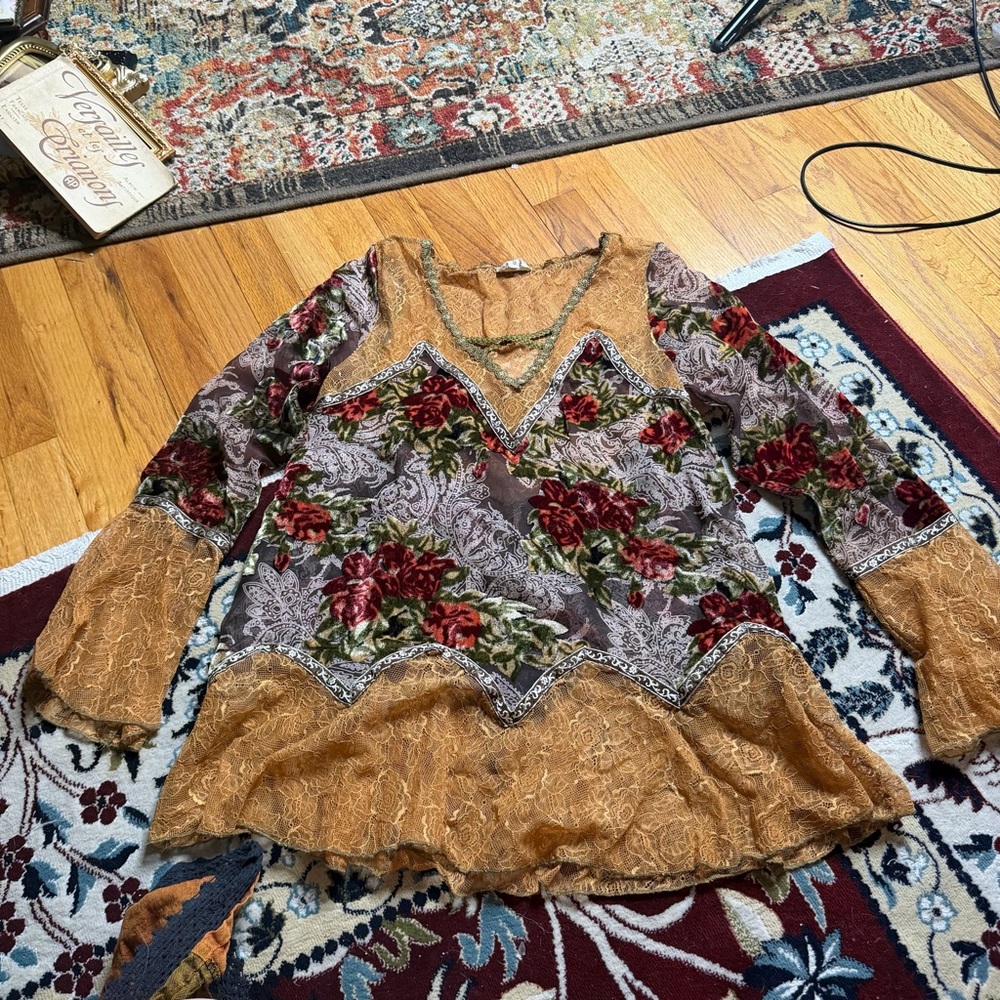 Whimsical lace and velvet blouse